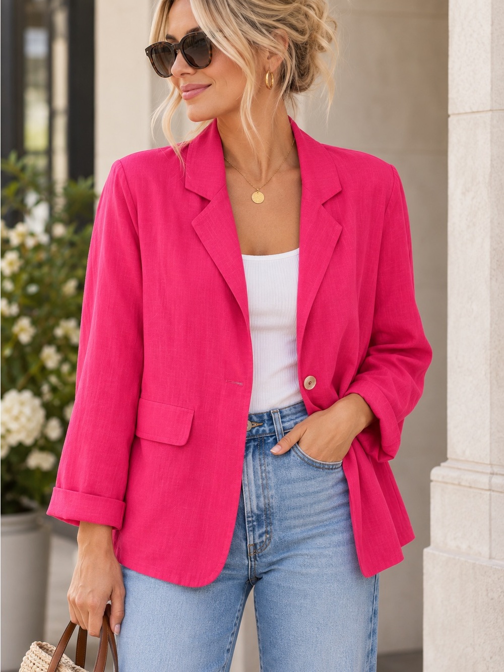 Charlie B Bright Pink Linen Blend Blazer — Size XL | NWT